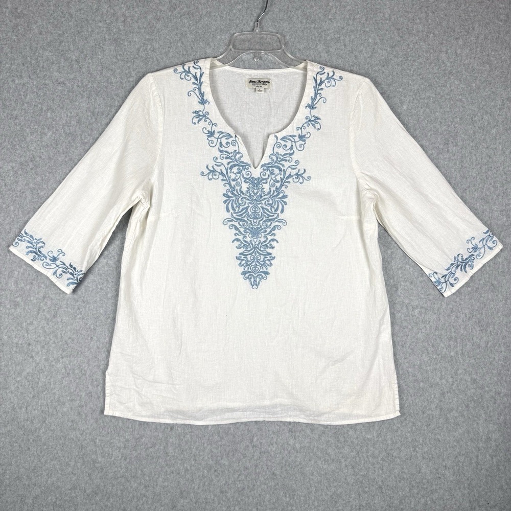Norm‎ Thompson Womens Top Tunic 3/4 Sleeve Size L White Embroidery Linen Blend